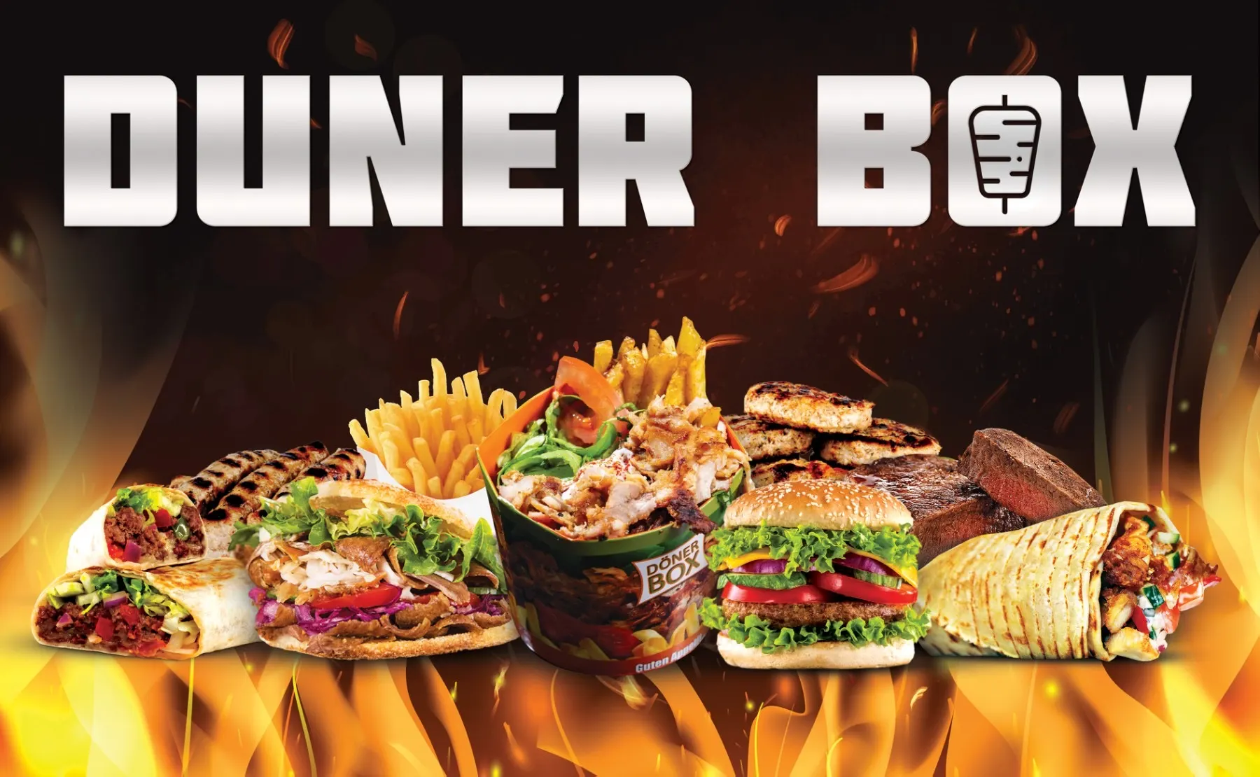 Транспарентът на Duner Box: дюнери, кутия, бургер и пържени картофи в пламъци